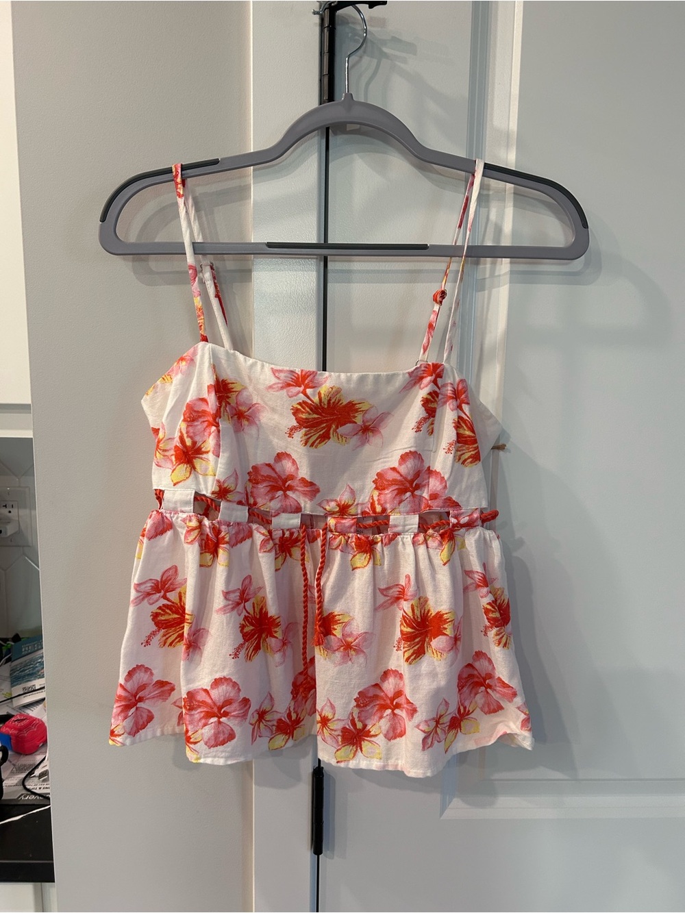 NWT Midnight Sky Floral Spaghetti Strap Peplum Top White Coral Linen Blend Boho